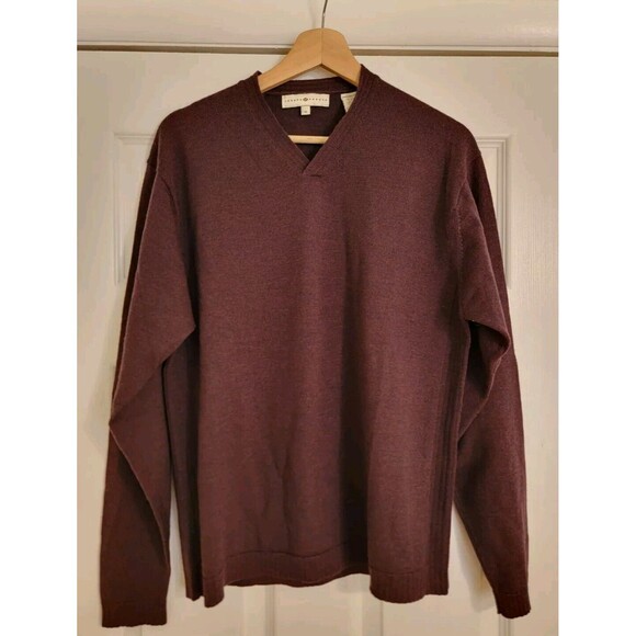Joseph Abboud Sweater Men Medium Burgundy‎ 100% Merino Wool V-neck Pullover - Picture 1 of 10